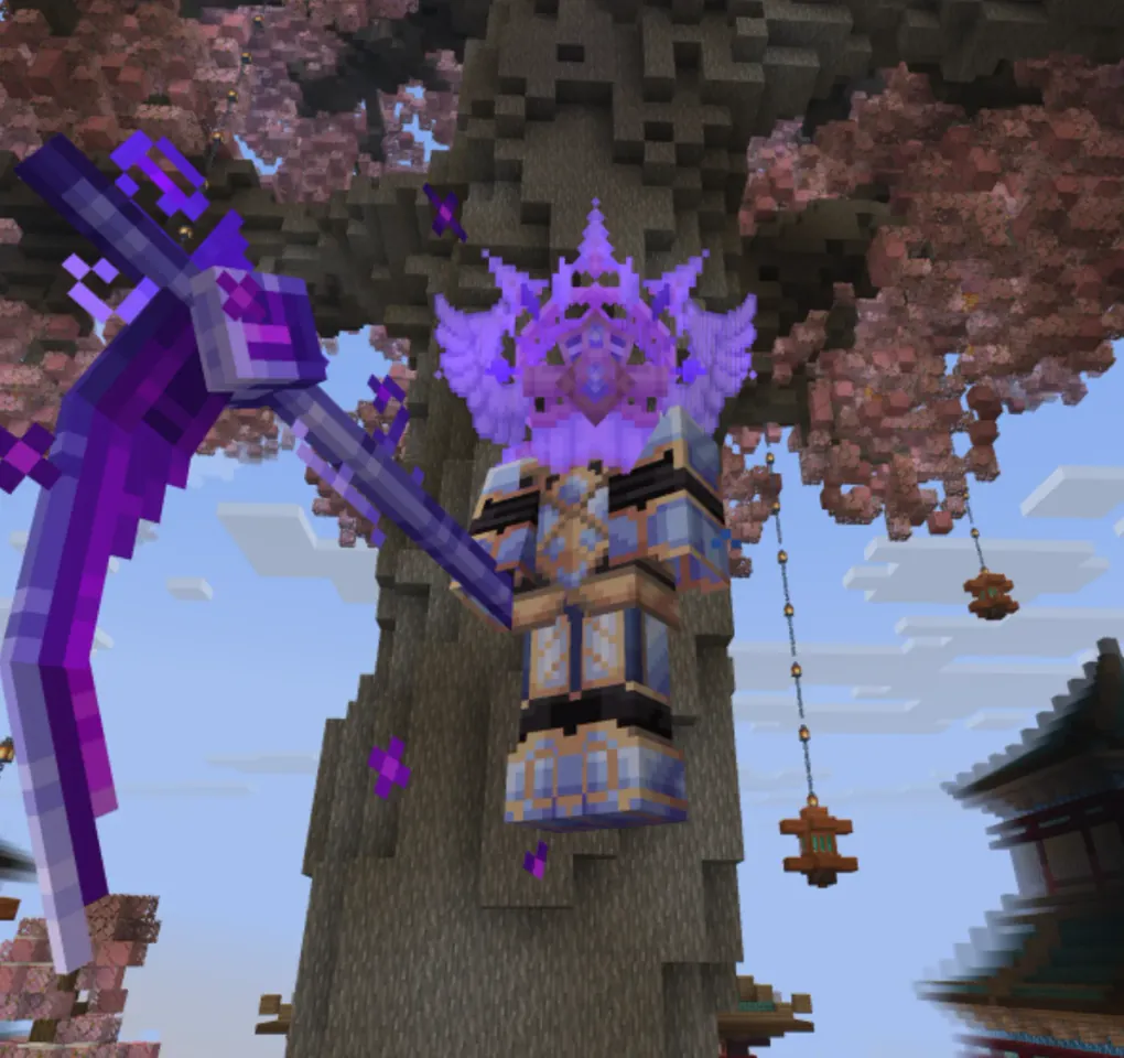A celestial crate cosmetic set: winged crown, armor and scythe under the cherry tree
