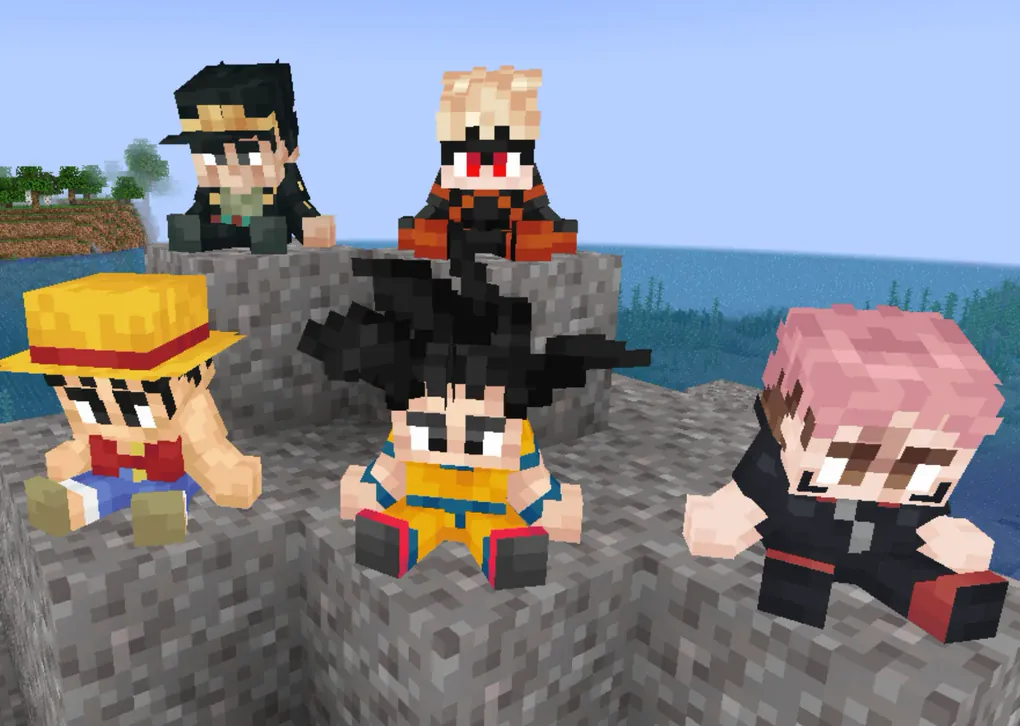 BlossomCraft costumes: players dressed as anime characters sitting together