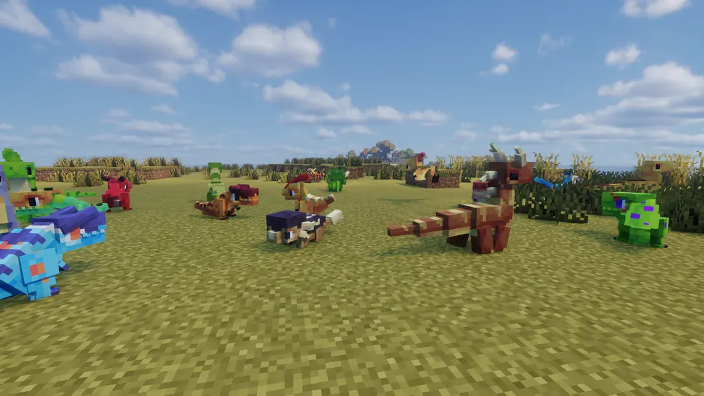 Dinosaur pets from the Jurassic crate roaming a field