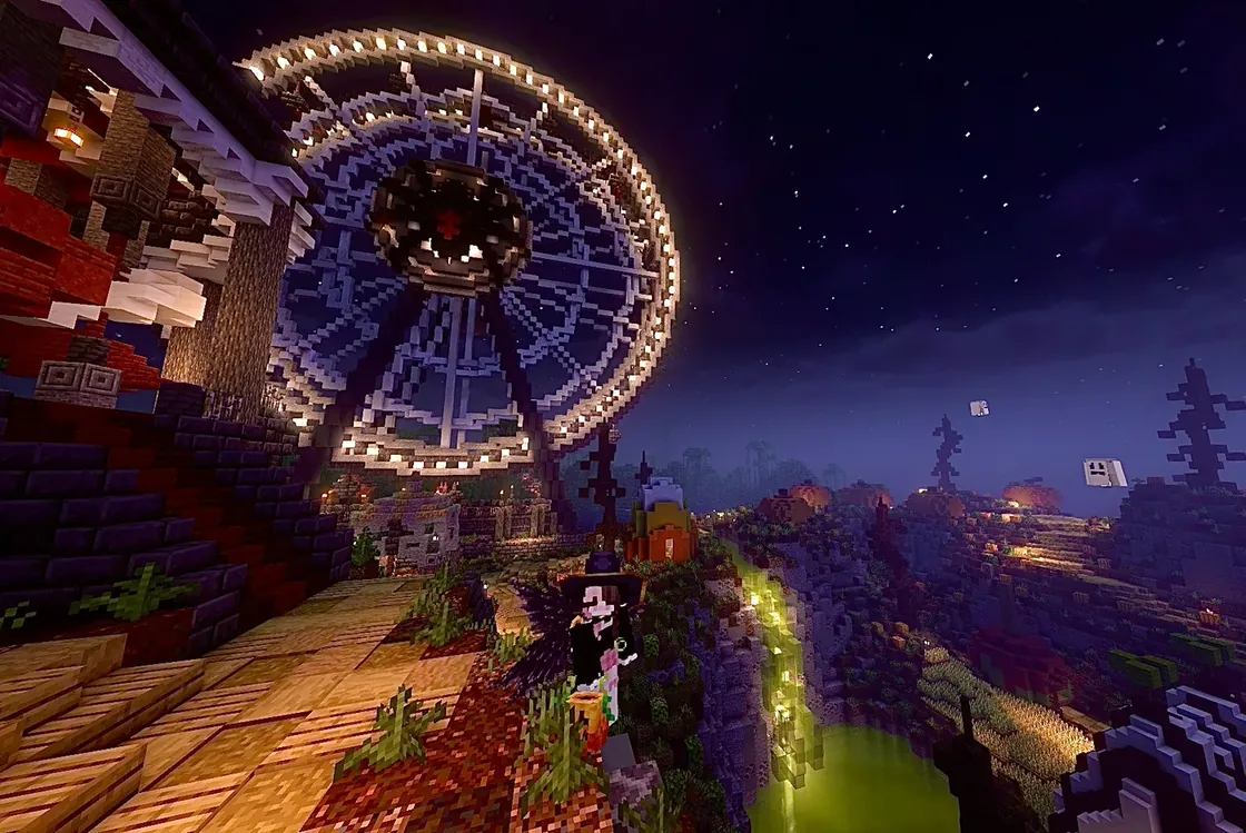 BlossomCraft spooky season: a lit ferris wheel over the pumpkin patch at night