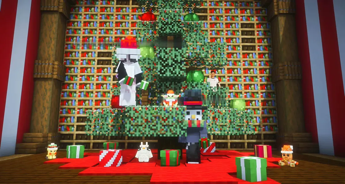 BlossomCraft winter event: players gathered around the Christmas tree and presents